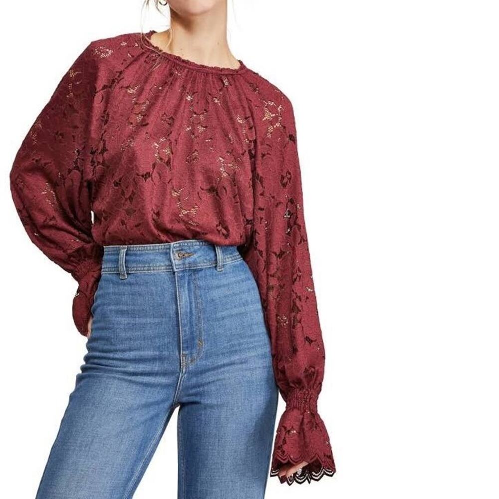 Free People Olivia Wine Romantic Bell Sleeve Lace Top Size Small